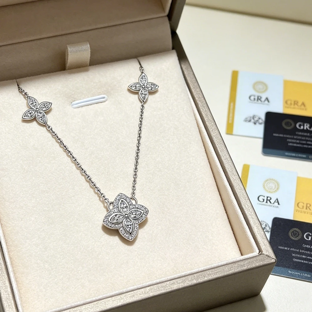 GRA Moissanite Lucky Leaf Necklace for Women 925 Sterling Silver Dainty Double Four-leaf Clover Pendent Necklace Fine Jewelry
