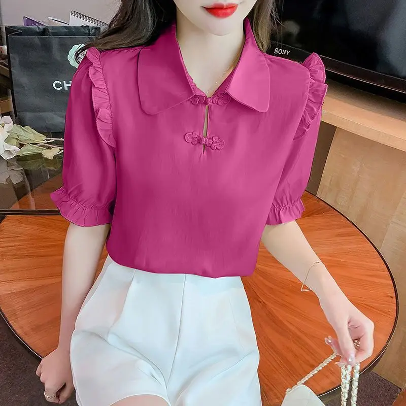 2024 Summer New Women\'s Solid Color Turn-down Collar Slim Elegant Versatile Short Sleeve Commuter Pan Button Chiffon Shirt Tops