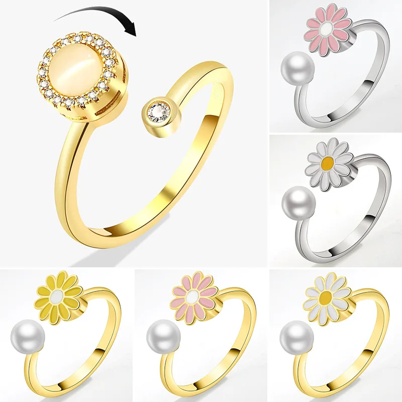 SMJEL Daisy Ring Fidget Bague Anti Stress Release Spinning Ring Anxiety Flower Trend Pearl Rotating Jewelry for Women Party Gift
