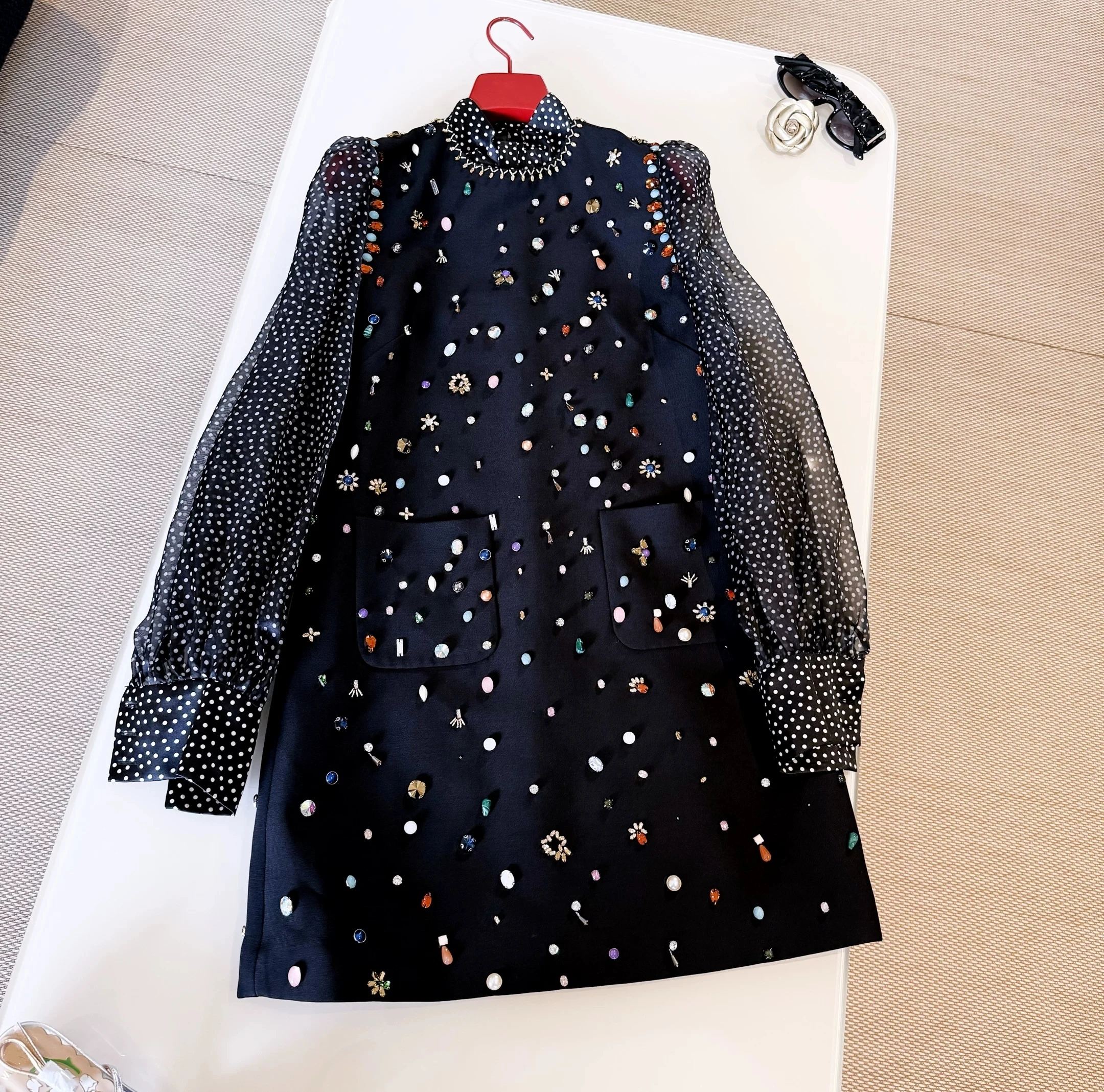 Luxury Black Silk Wool Dress For Women Handmade Colorful Rhinestone Embellished Polka Dot Sheer Puff Sleeve Party Evening Wear