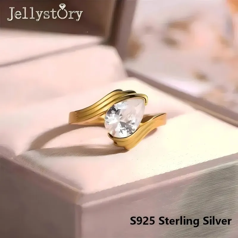 JellyStory Fluid Curve Ring Birthday Stacking Jewelry S925 Silver Moissanite Band Water Drop Wave Design Niche Gift for Women