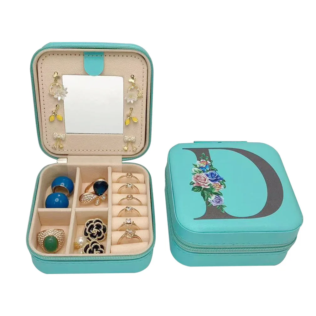 New Creative Letter Jewelry Box with Mirror Portable Travel Ring Necklace Earrings Stud Earrings Earring Blue Square Storage Box