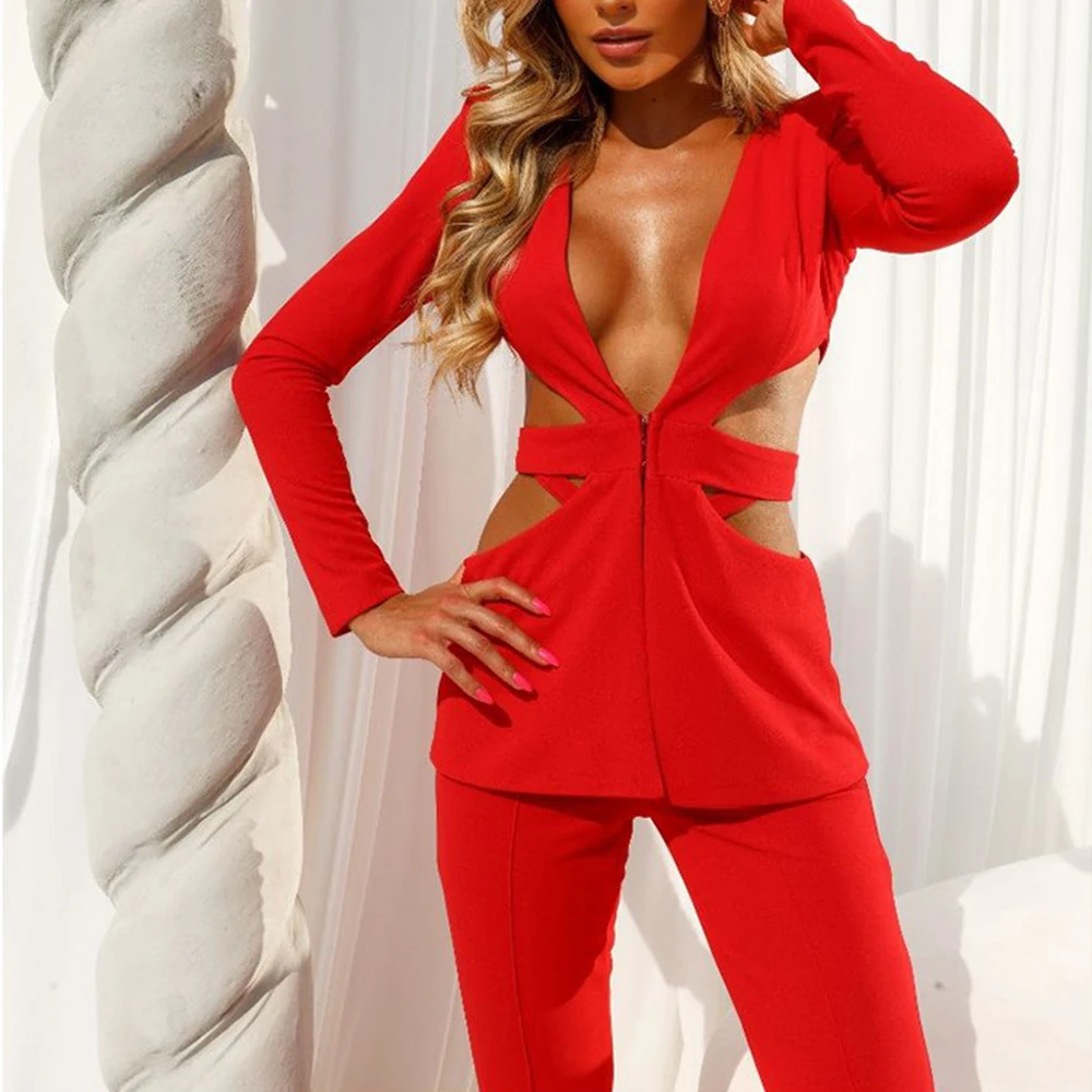 TWOTWINSTYLE Solid Slimming Two Piece Set For Women V Neck Long Sleeve Hollow Out Blazer High Waist Pant Sexy Sets Female New