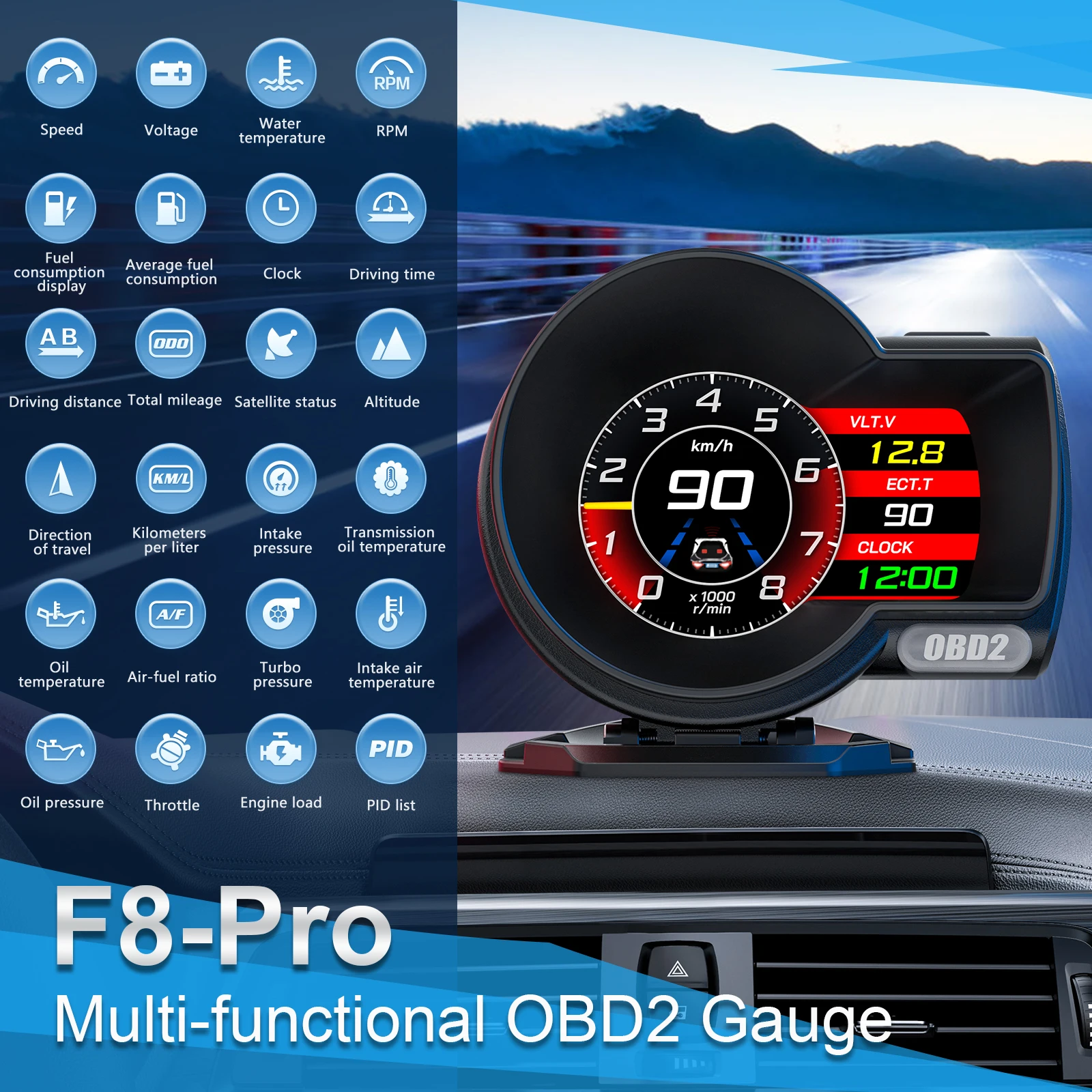 Universal F8 OBD GPS Liquid Crystal Multifunctional Instrument Display Speedometer Pressure Water Temp Vehicle Turbine Meter