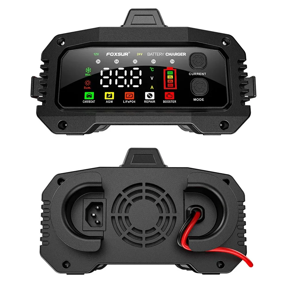 Portable Car Battery Charger 12V-25A 24V-15A Motorcycle Truck AGM LiFePO4 Lead Acid Batteries Auto Pulse Repair with Car Booster