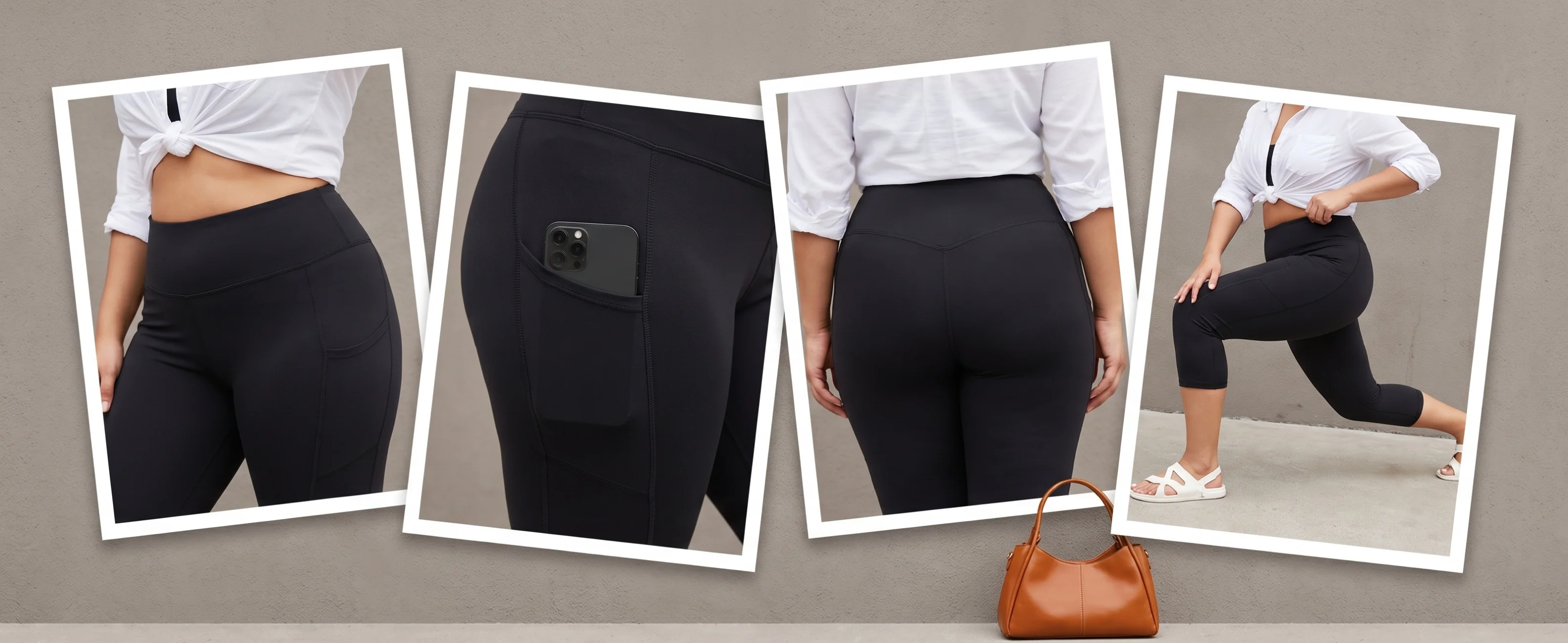 Übergrößen-Leggings mit Taschen für Damen - Schwarze Hochtaillierte Bauchkontroll-Hosen für Fitness und Workout – Detail 2