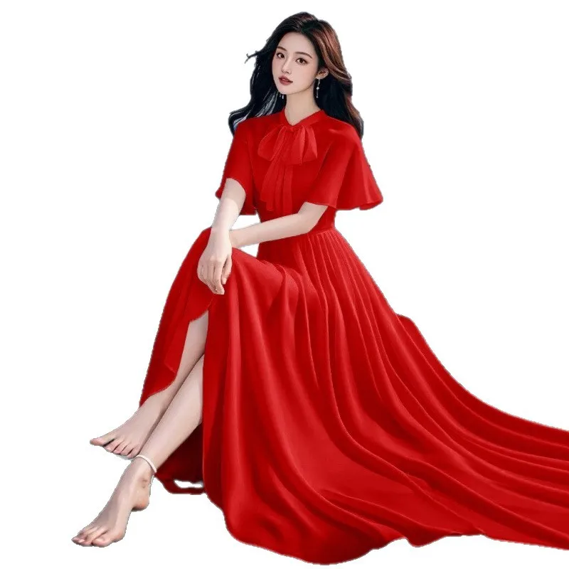 

Новинка: Платья А-силуэта из шифона для весны и лета, модные женские повседневные платья с эластичной талией, коротким рукавом и плиссировкой