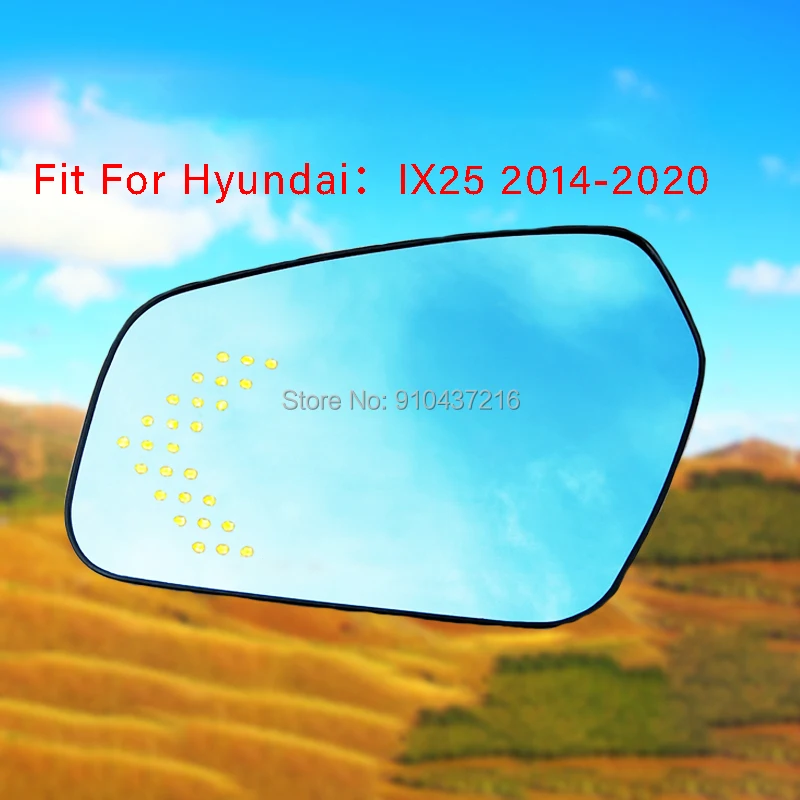 

For Hyundai iX25 2014-2020 Heating Blue Lens Large Vision Rearview Mirror Wide Angle Demist Glass Anti-Glare Turn Single Lamp