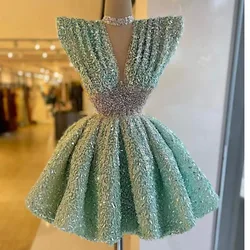 Customized New Cocktail Dresses For Ladies Sequined Pleat High Neck A-line Ball Gowns Mini Skirt Prom Dress Robe De Soirée Femme