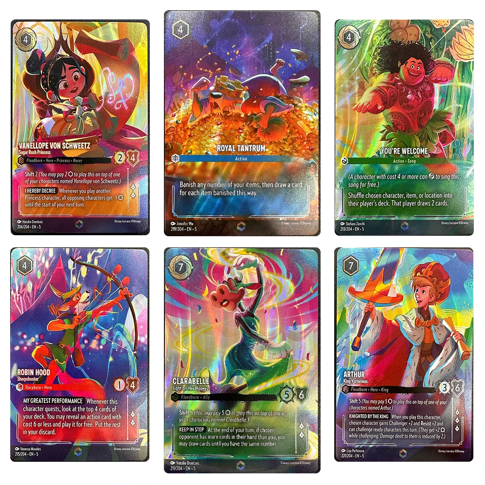 

Прокси-карты Lorcana PTCG Коллекция карт «сделай сам» Настольные игры TANTRUM-219 SCHWEETA-206 CLARABELLE-211 ROBIN HOOD-215 MUFASA-217