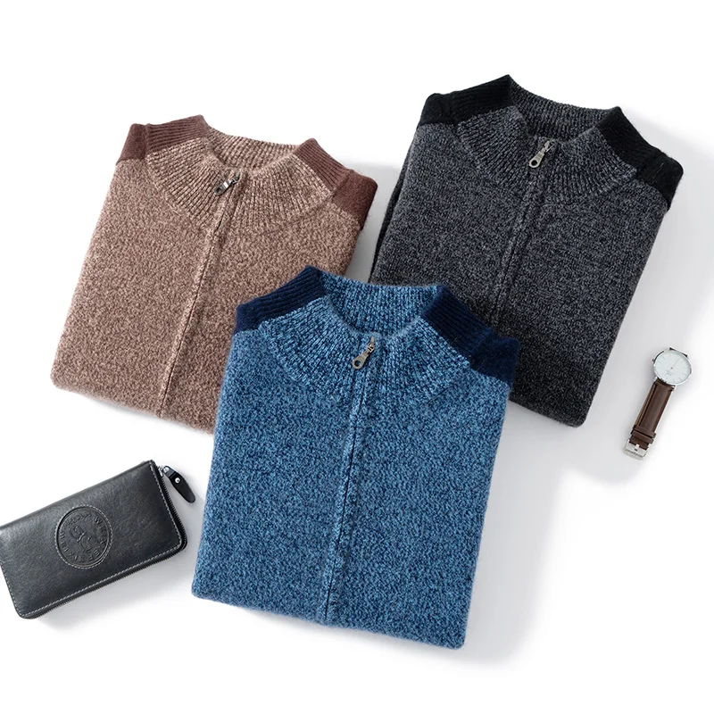 

Высококачественный 100% кашемировый трикотаж: мужской зимний толстый кашемировый кардиган с воротником-стойкой на молнии, утепленный свитер для смарт-кэжуал образа