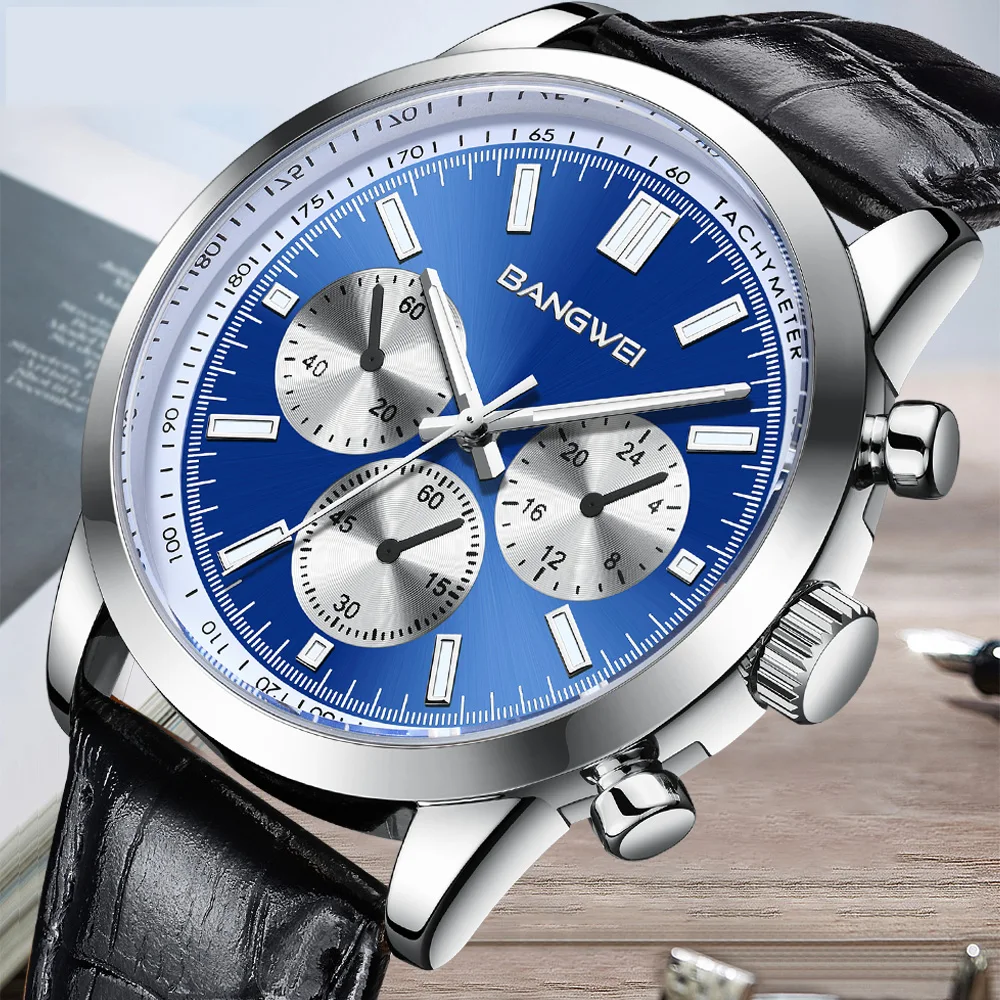 

Роскошные мужские часы BANGWEI, деловые повседневные кварцевые наручные часы со светящимися стрелками, водонепроницаемые часы с кожаным ремешком для мужчин, мужские часы