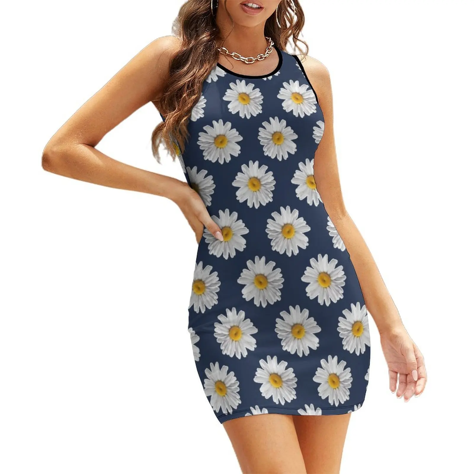 

Daisy Blues #2 - Daisy Pattern on Navy Sleeveless Sundress summer dress womens 2025 women's dresses luxury