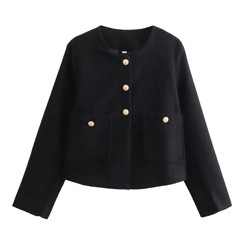 2024 Elegant Commuting Textured Jackets Office Lady O Neck Long Sleeves Solid With Pockets Buttons Female Vintage Coats