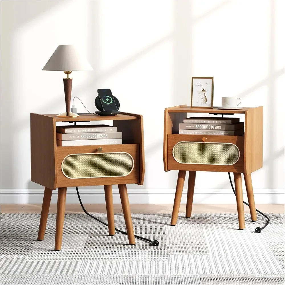 

Nightstands Set of 2,Mid Century Modern Nightstand with Charging Station,Rattan Side Table with Drawer,Boho End Table