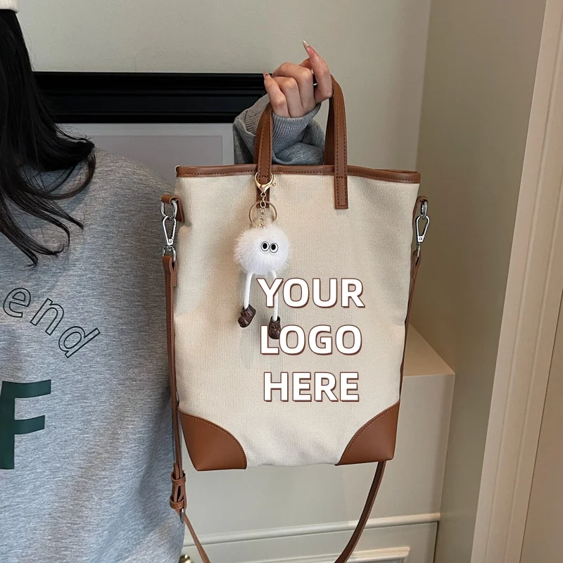Custom Logo Canvas & PU Tote Bag, Multi-purpose Crossbody Shoulder Bag, Large Capacity Commuter Handbag with Detachable Strap