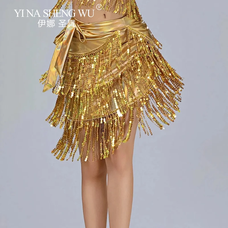 

New Sexy Women Latin Dance Skirt Belly Dance Hip Scarf Leather Sequin Tassel Waist Chain Dance Practice Performance Dance Skirt