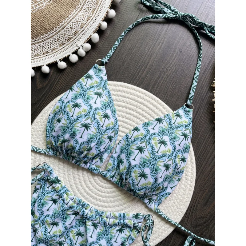 2024NewbikiniHot-Selling Floral-Print Lace-up Sexy Bikini Points