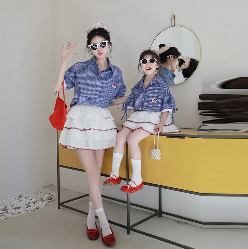 

Summer Fashion Mama and Me Matching Outfits Mother and Daughter Clothes Korean Mom and Baby Girls Blouse Skirts Two Piece Sets