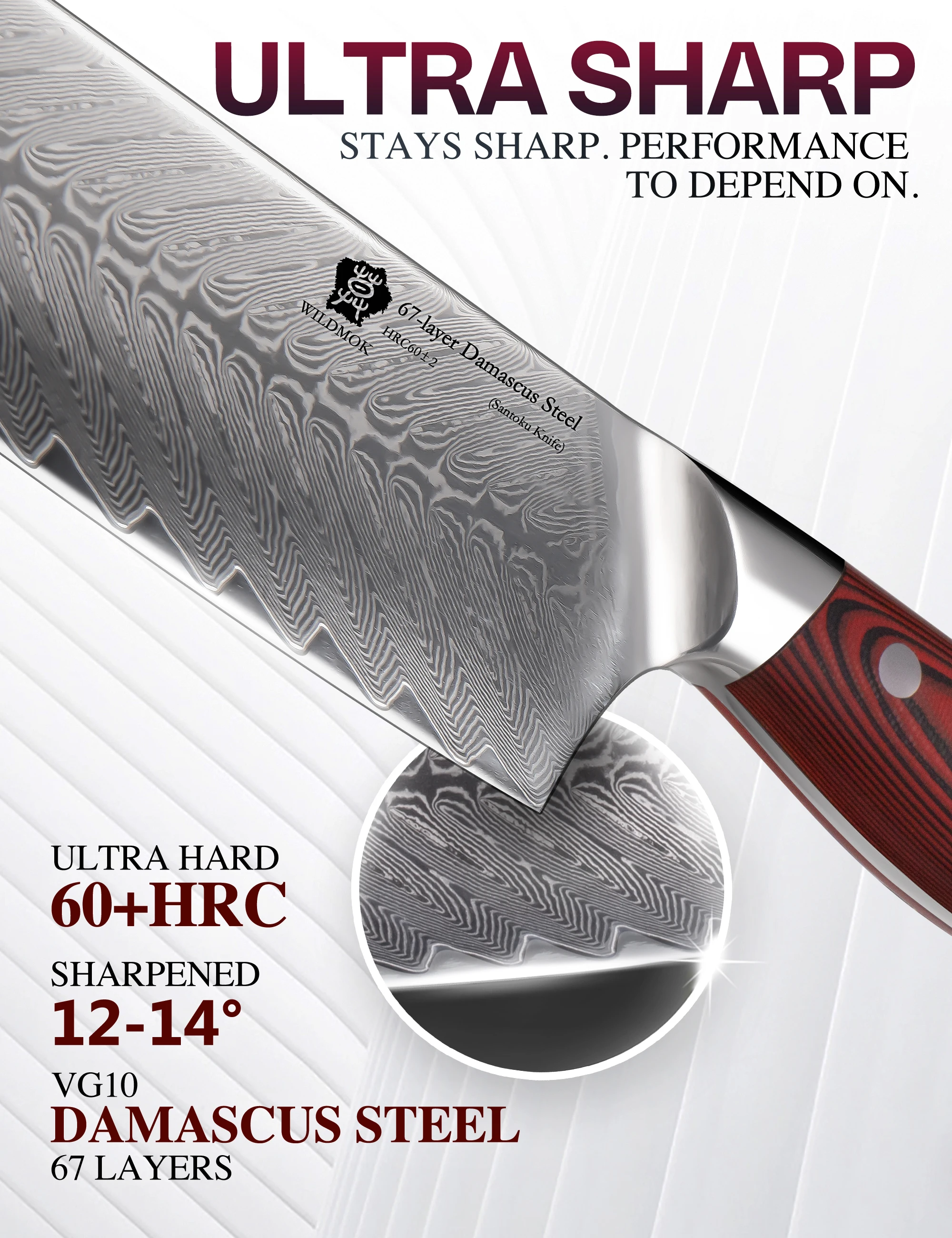 WILDMOK 7 Inch Professional Damascus Santoku Knife, Japanese VG10 Steel Full Tang G10 Handle for Meat & Vegetable Cutting