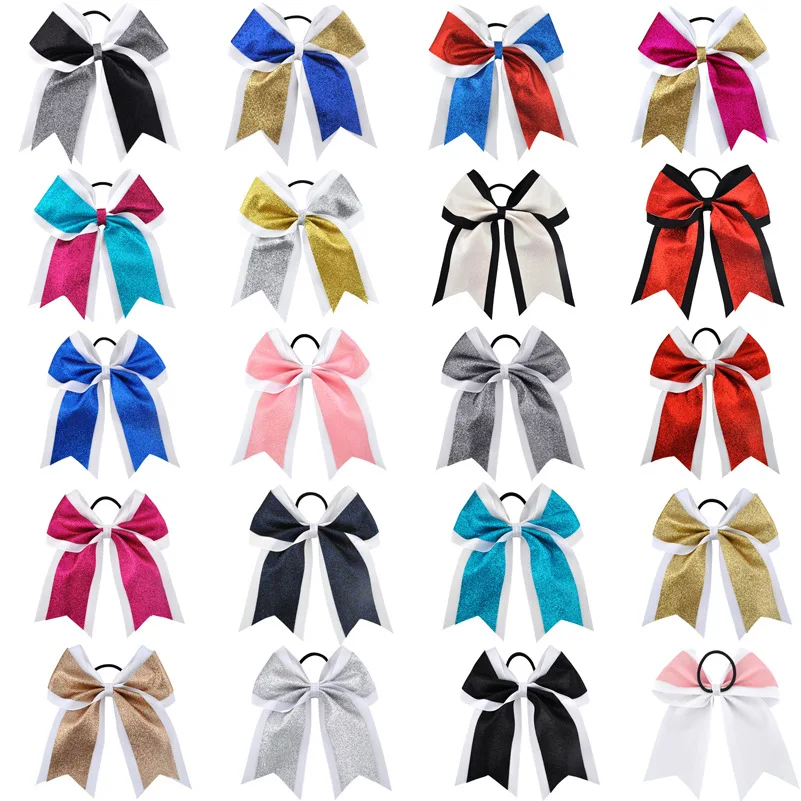

12 PCS 7 Inch Glitter Bling Large Cheerleading bows Bowknot Elastic Hair Band Kids Girls Children Bow Hair Accessories Boutique