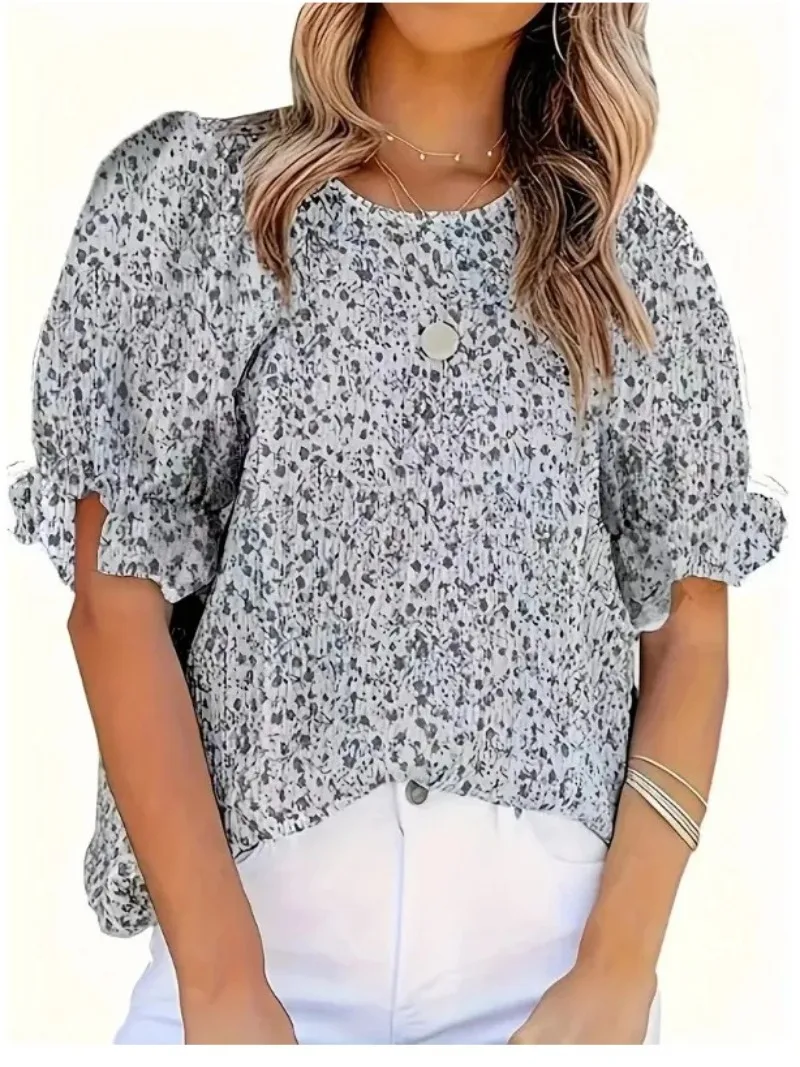 Plus Size 1XL-5XL Moda damska Bluzka z kwiatowym nadrukiem Koszula damska Casual Crew Neck Ruffle Sleeve Luźne topy Bluzka na wiosnę