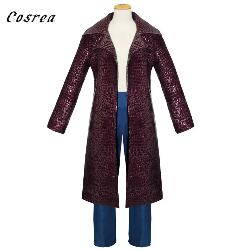 新しい 2025 メンズジョーカーコスプレ衣装トレンチコート紫色のジャケットジャレッドレトピエロシャツグリーンかつらハロウィンパーティー eqs9X