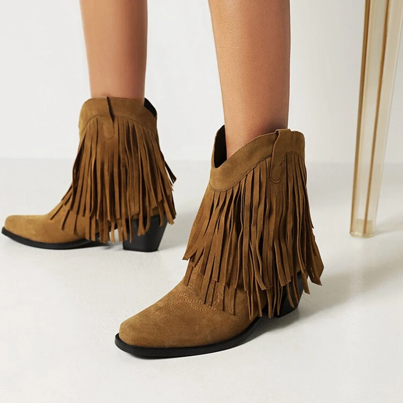 BLXQPYT Botas De Mujer buty wojskowe dla kobiet masywne szpilki na wysokim obcasie kowbojki Fringe Retro Goth damskie buty Plus rozmiar 46 1018