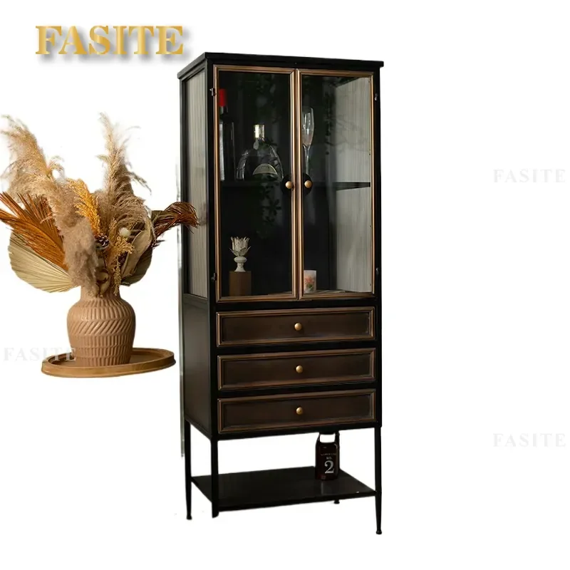 For Wrought Iron Display Cabinet Three Sided Glass Living Room Loft Multi Drawer Wine Storage Shelf Figure