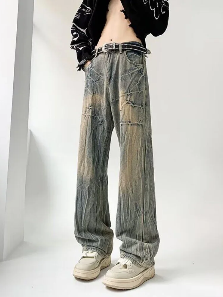 

Lightning Pattern Men's Jeans Straight Leg Wide Leg Pants Worn-In Look Spring Autumn Loose Fit Durable American Sle