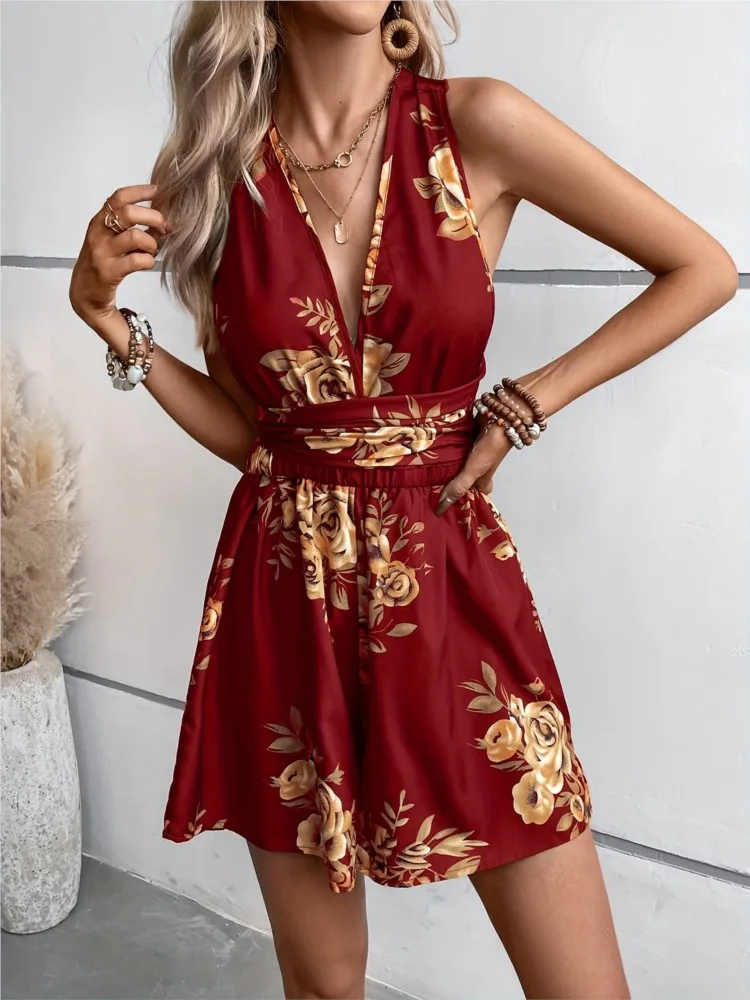 Fashion Sexy V-Neck Halter Backless Multicolor Printed Women\'s Jumpsuits 2025 Summer Elegant Loose Party Jumpsuit  Playsuit