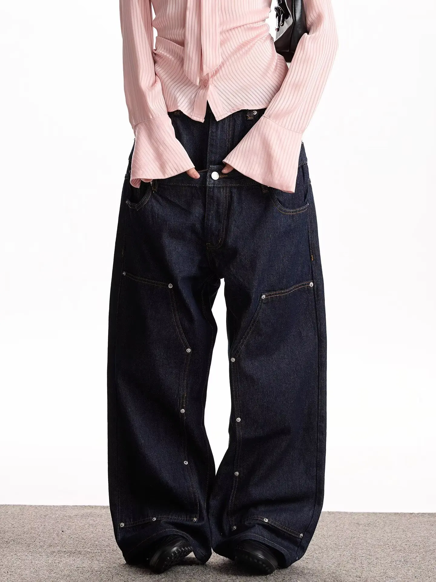 

2026 Cyber Y2K Streetwear Double Waistband Dark Blue Baggy Women's Jeans Pants Woman Clothing Straight New Rock Denim Trousers