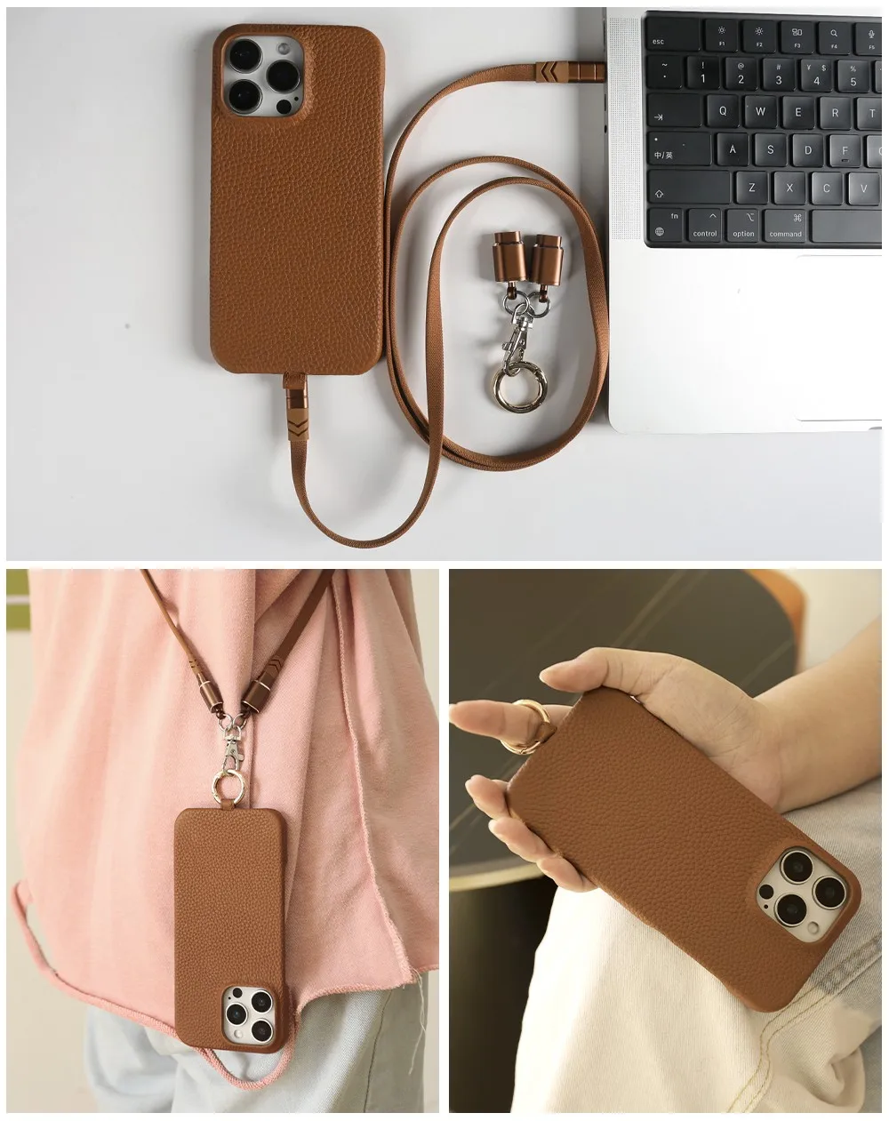 Luxury USB Charging Cable Genuine Leather Case For iPhone 16 Pro Max 15Pro 11 13 12pro 14Pro Strap Crossbody Lanyard Phone Cover