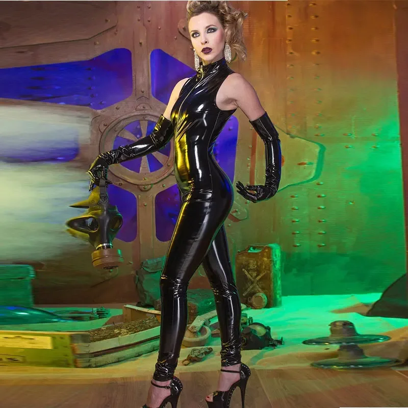 Women PU Sleeveless Mirror Face Jumpsuit Ladies Faux Leather Sexy Zipper Bodysuits Faux Latex Jumpsuit Support Custom