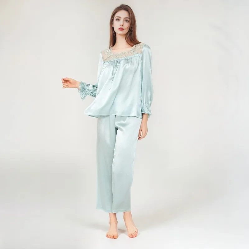 Autumn Winter Mulberry Silk Pajamas Women Long-Sleeved Home Wear Solid Casual Buttons Cardigan Sleepwear Night Wears for Women