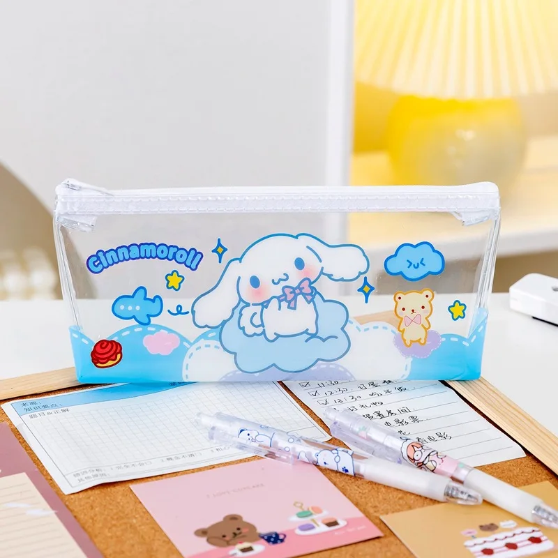 Nowy piórnik Sanrio Kawaii przybory szkolne artykuły papiernicze dla uczniów przezroczysty śliczny Cinnamoroll moja melodia Kuromi torba do