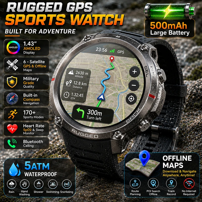 

Offline Map Outdoor Adventure Military GPS Smart Watch 5ATM Waterproof Compass Barometric Clock HD Call Sports Watches Man 2026