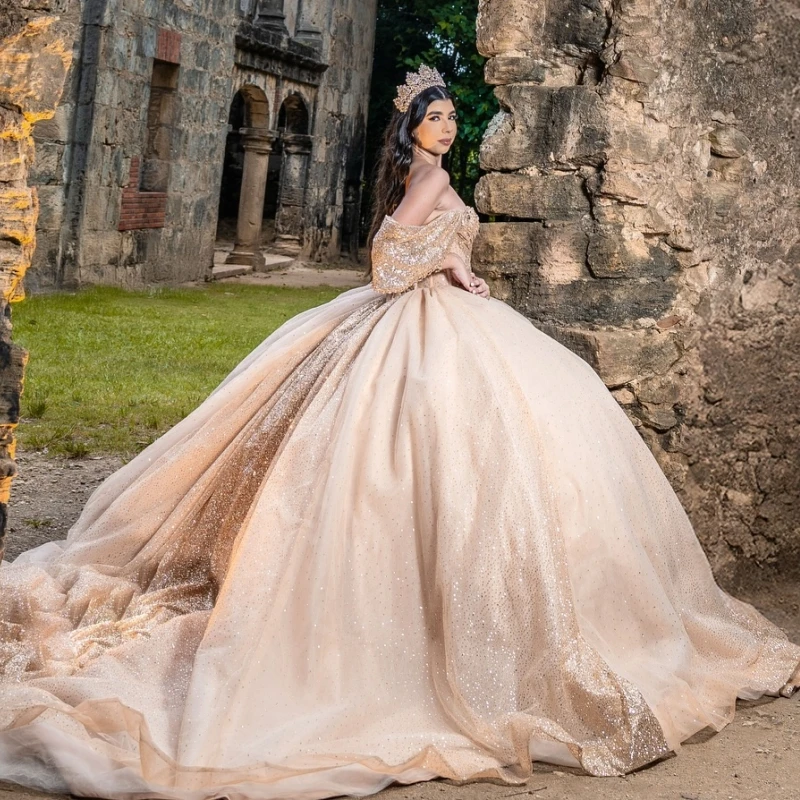 Champagne Shiny Quinceanera Dresses Ball Gown Off The Shoulder Beads Tull Party Birthday Sweet 16 Dress Vestidos 15 Anos