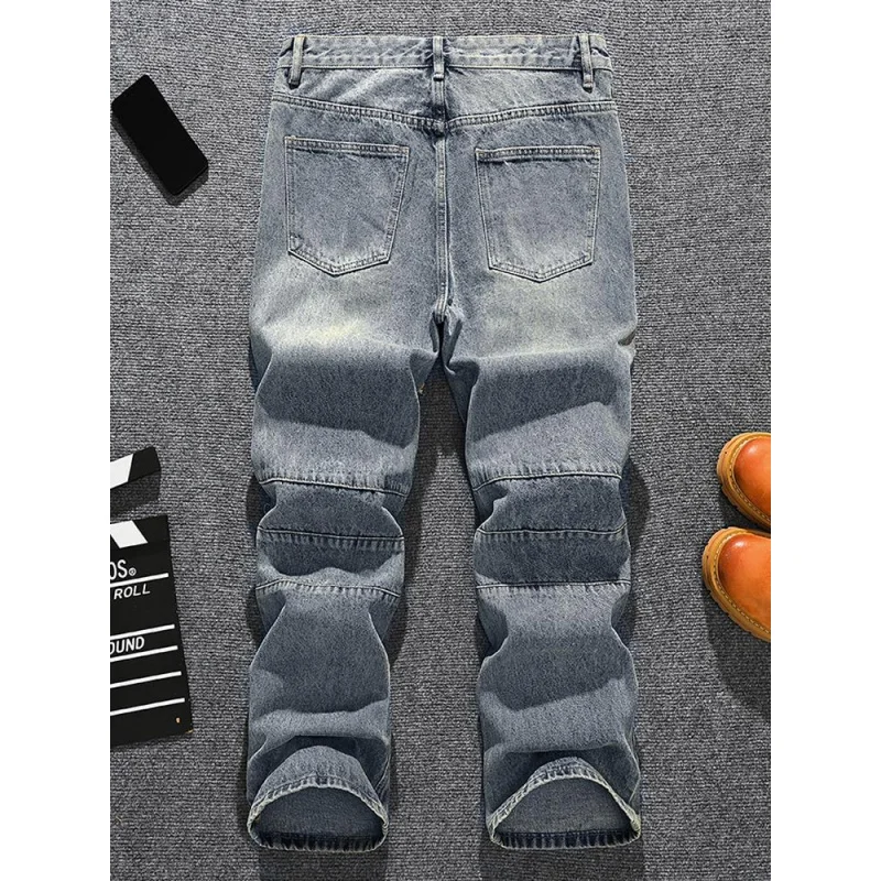 Marca de moda americana retro nostálgico solto perna reta jeans rasgados para homens, babados de rua e calças de perna larga elegantes