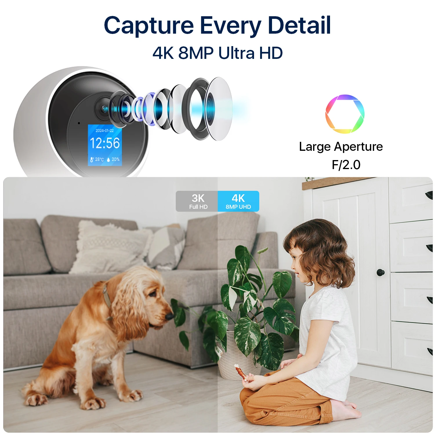 ZOSI C519M 4K/5MP/4MP caméra de sécurité intérieure 2.4/5GHz WiFi caméra de Surveillance vidéo bidirectionnelle bébé/animal de compagnie moniteur 360 °   Voir la came à la maison