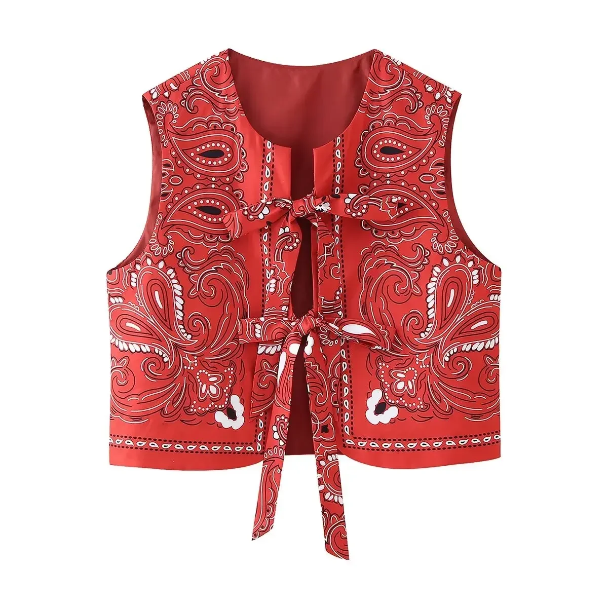 Women's 2024 New Fashion Bow Tie Decoration Casual Short Printed Vest Top Retro O Neck Sleeveless Women's Waistcoat Chic Top