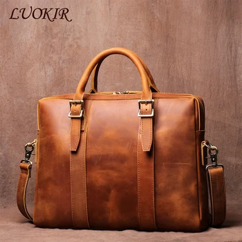 LUOKIR-maletín Vintage de cuero Crazy Horse para hombre, bolso informal de piel de vaca, bolso de hombro para ordenador, oficina para ordenador portátil de 15,6 pulgadas