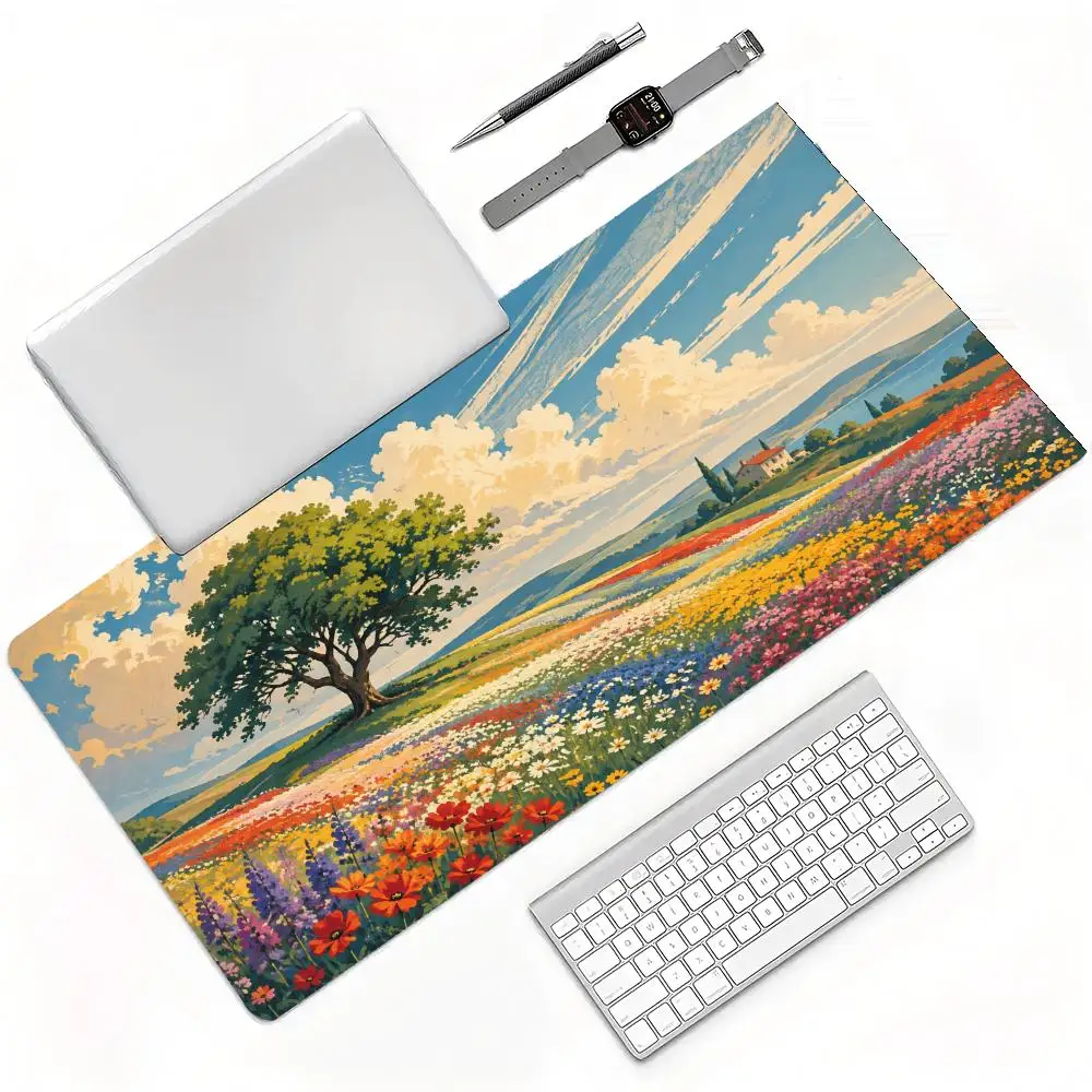 Soft Watercolor Wildflower Meadow Lone Tree Pastel Sky Mountain Landscape Gaming Mouse Pad Stitched Anti Slip Desk Mat