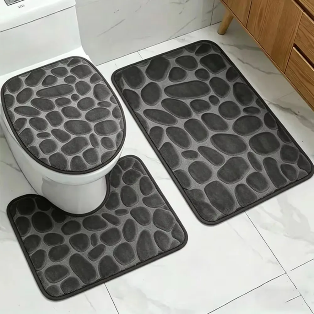3pcs/Set Solid Color Simple Bathroom Water-absorbing and Non-slip Floor Mat Stone Pattern Comfortable and Soft Three-piece Set