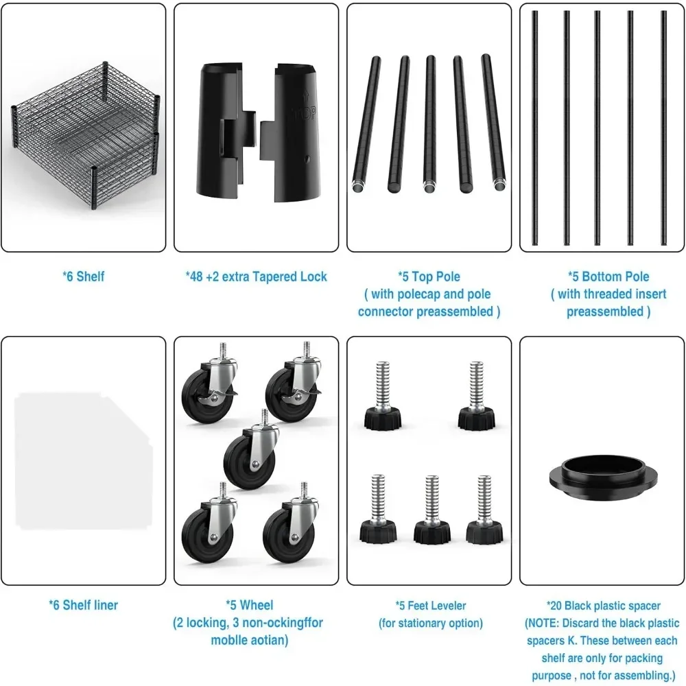 Estante de almacenamiento de 6 niveles, estantería de alambre de esquina Pentagonal con 5 ruedas y forros de estante para balcón y almacén