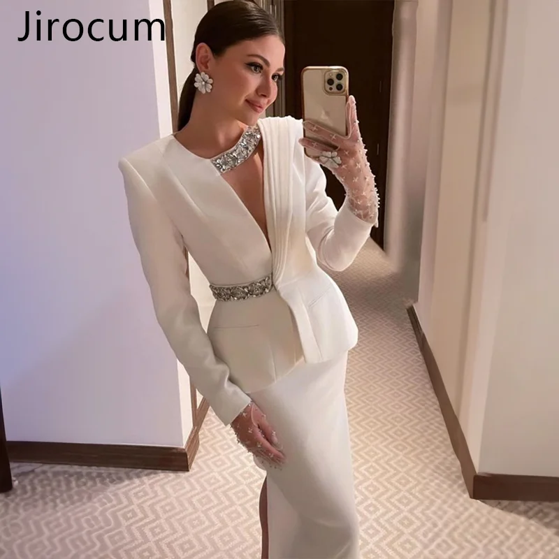 Jirocum Zweiteiliges Strass-Abendkleid für Damen, V-Ausschnitt, lange Ärmel, formelle Ballkleider, elegantes, seitlich geteiltes Partykleid, individuell gestaltet