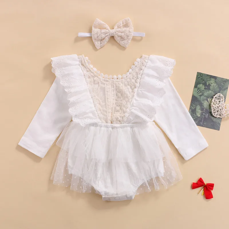 Newborn Baby Girl Lace Bodysuit Autumn Clothes Ruffle Long Sleeve Floral Tutu Jumpsuit with Headband Baby Items Clothing