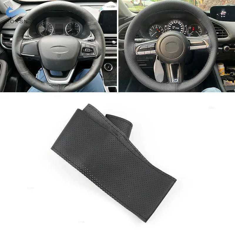 

Diameter 38cm Hand-stitched Black Perforated Leather Car Interior Steering Wheel Cover DIY Braid with Needles And Thread Kits