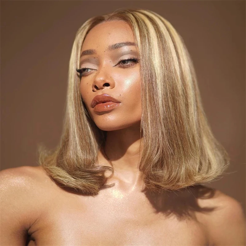 Short Straight Bob Synthetic HD Lace Front Wigs Highlight Ombre Ash Blonde Colored Highlights Lace Front Wigs Cosplay/Daily Use