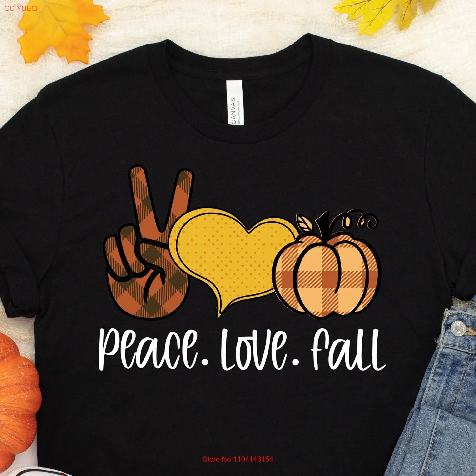 Peace Love Fall T shirt Pumpkin Boots Scarfs Autumn leaves tee Cute Season for women long or short sleeves